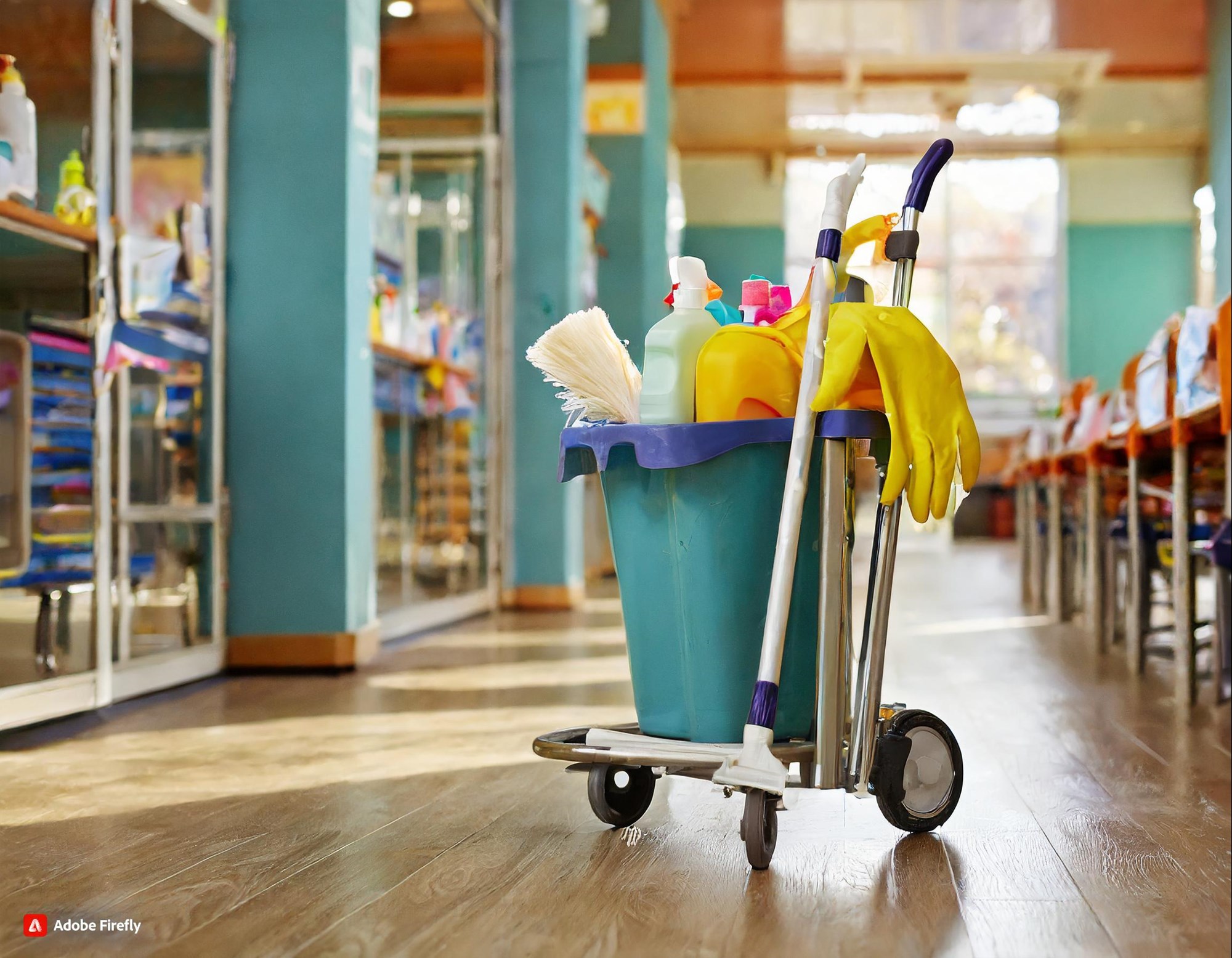 a Reinigungsmittel in einem Eimer auf einem Wagen