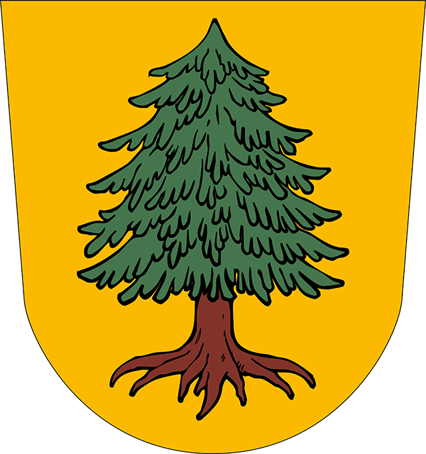Wappen der Stadt Viechtach, eine Fichte mit kräftigem Wurzelwerk auf goldenem Grund im Halbrundschild