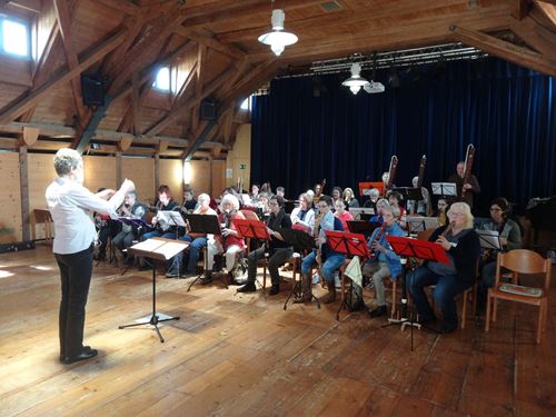 eine Gruppe von Menschen, die auf Stühlen sitzen, und eine Person, die vor einem Orchester steht